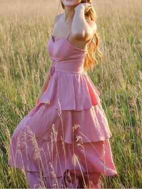 Audrey Parks Francesca’s Bodice Pink Ruffle Tiered Maxi Dress Women’s Medium